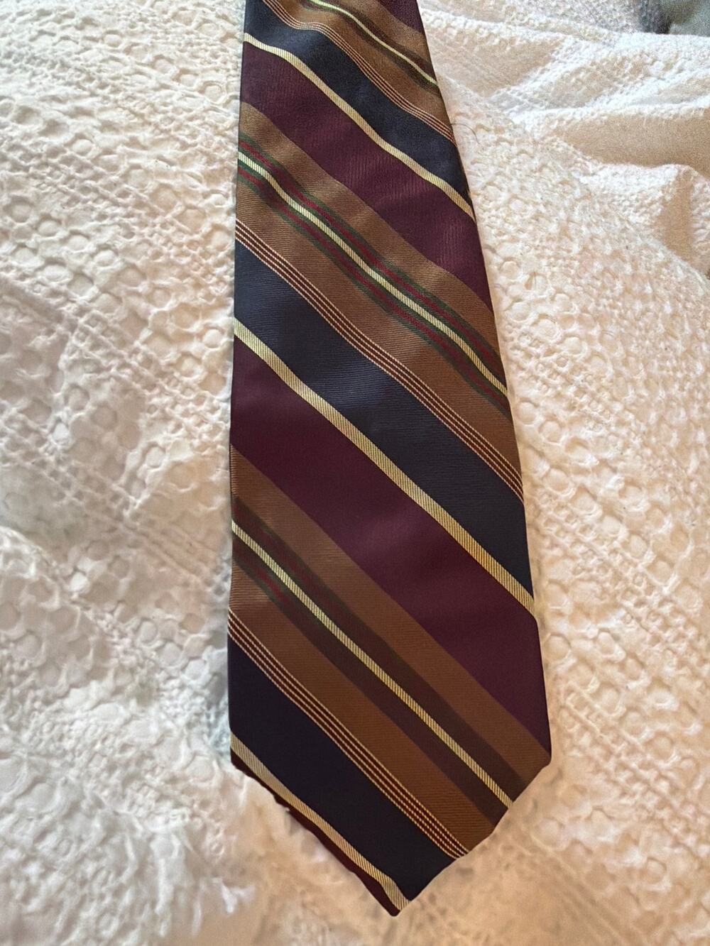 Vintage Chaps Ralph Lauren Striped Silk Burgundy Navy Gold Designer Necktie